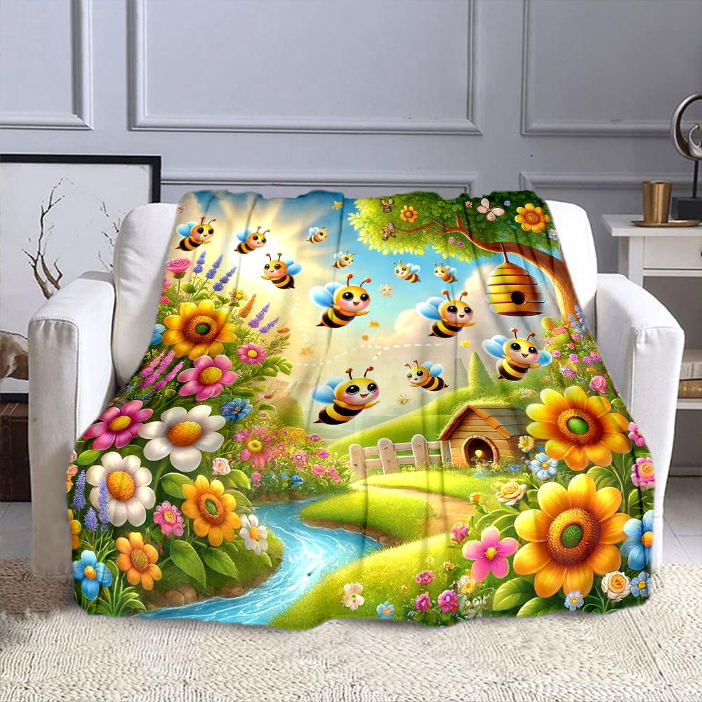 Cute Bees In a Sunny Flower Garden Patterned Flannel Blanket Perfect for the Bedroom Living Room, Sofa, or a Little Nap
