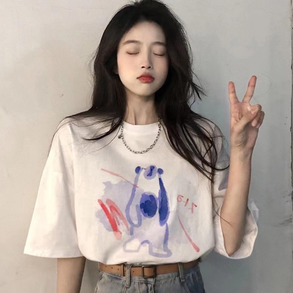 Women's Summer Drop Shoulder Loose T-Shirt, Korean-Style Short-Sleeve Stylish Top, Comfortable and Breathable