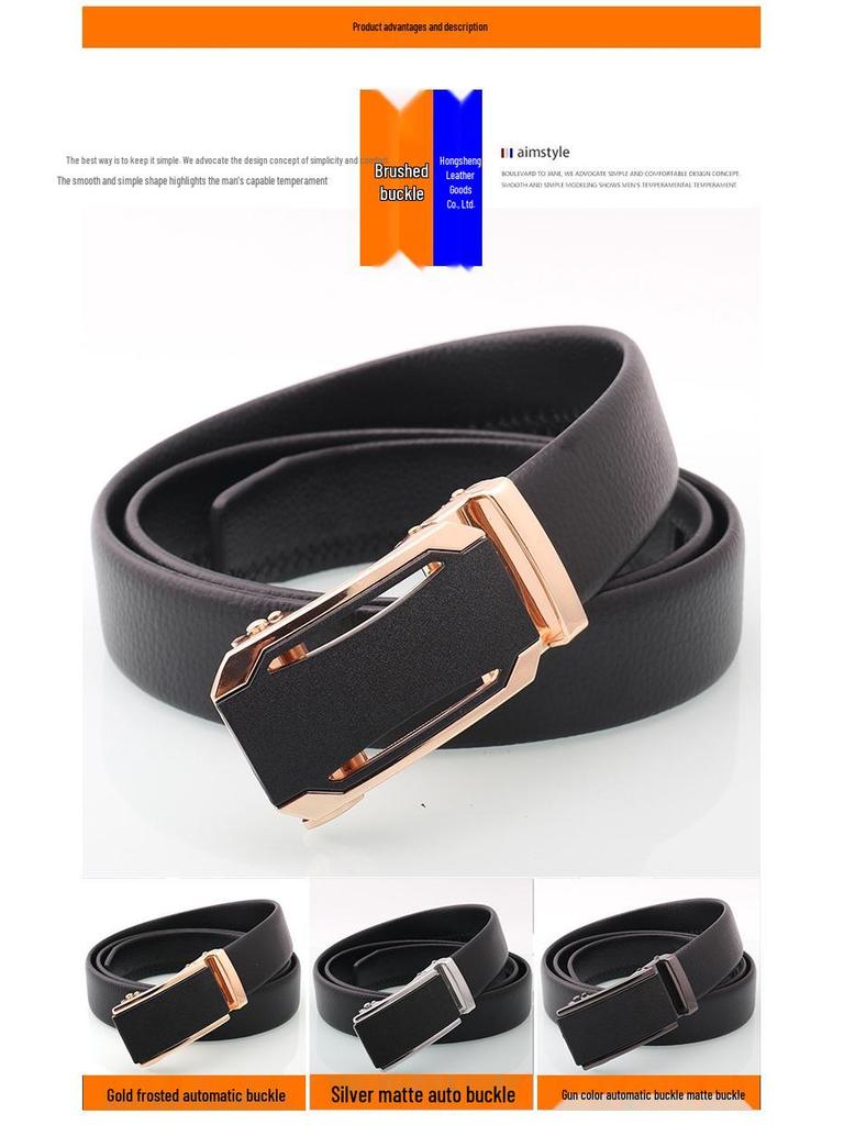 Men's Genuine Leather Belt with Frosted Automatic Buckle - Stylish Alloy Design