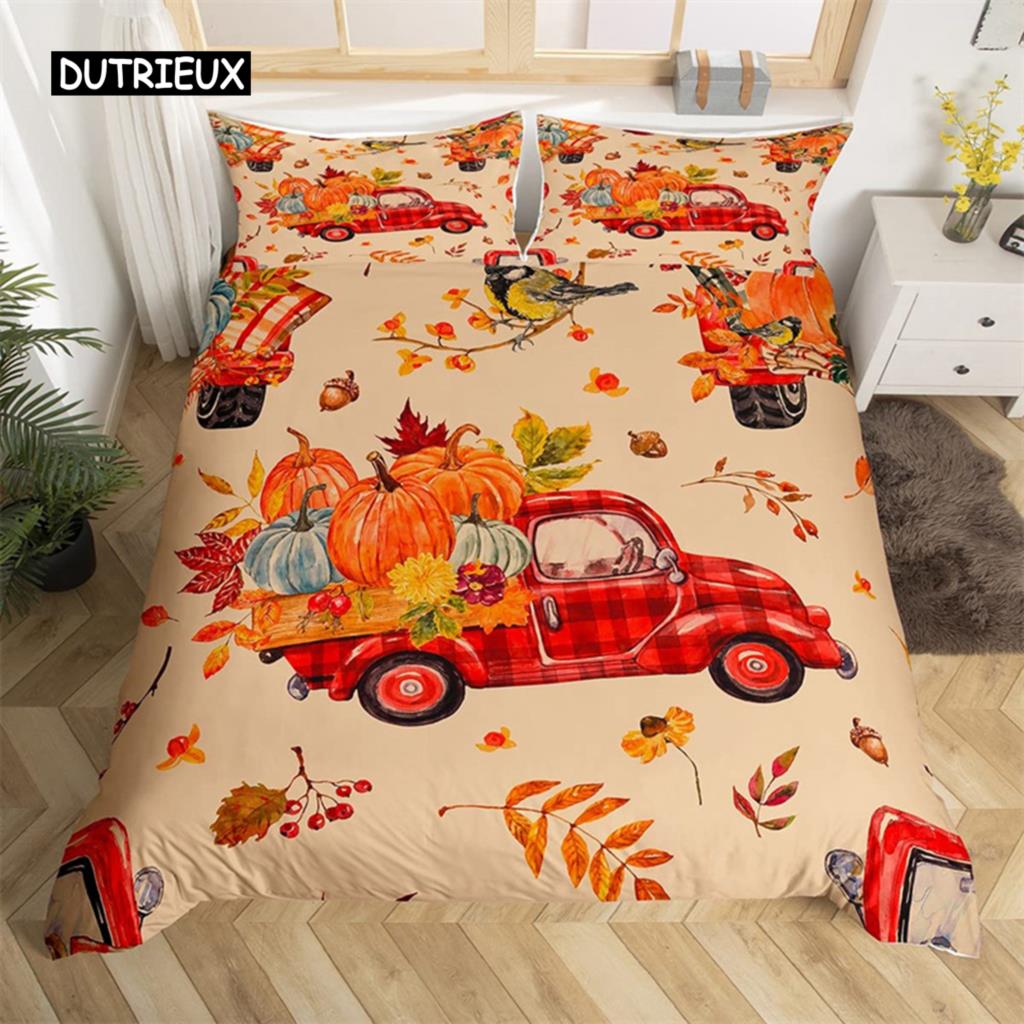 Turkey Maple Leaves Duvet Cover King Thanksgiving Pumpkin Bedding Set Microfiber Farmhouse Autumn Harvest Theme Comforter Cover