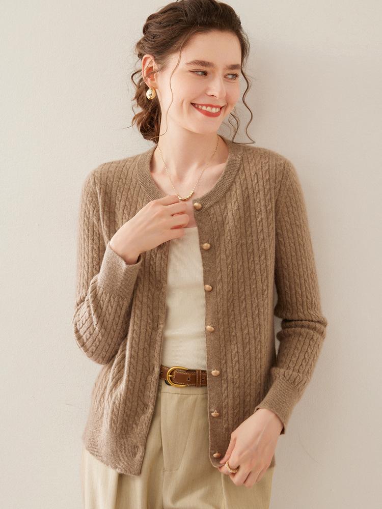 Women's Round Neck Single-Breasted Wool Cardigan - Autumn/Winter Cable Knit Long Sleeve Sweater Jacket