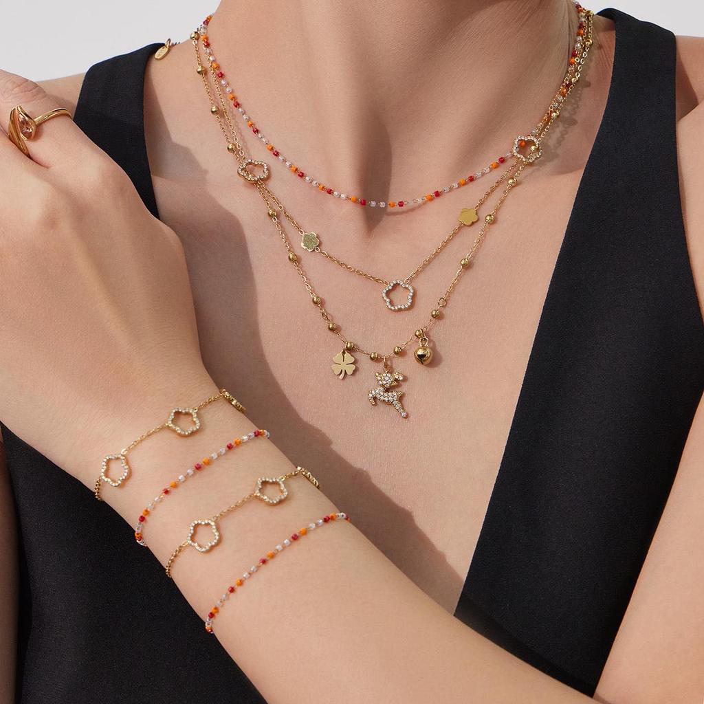 18k Gold Plated Stainless Steel Zirconia Flower Necklace & Bracelet Set with Natural Stone Beads - Light Luxury Jewelry.