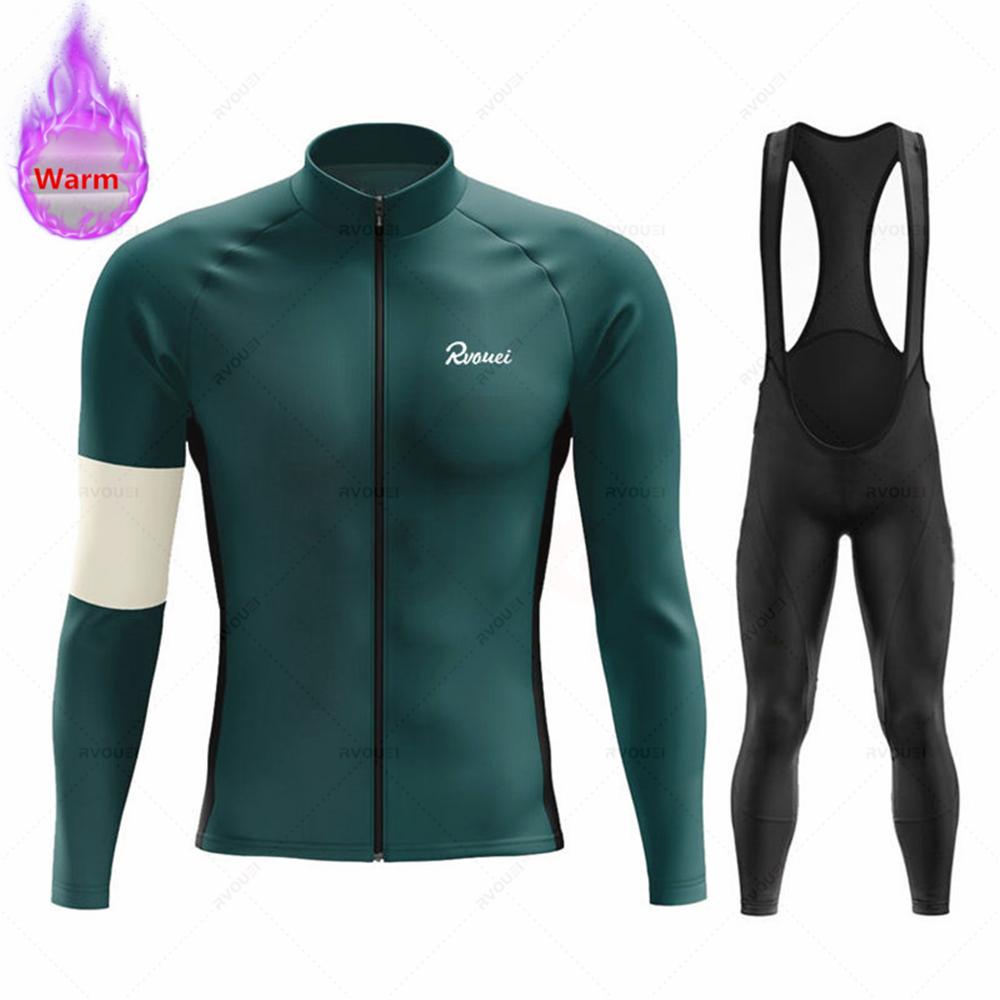 Winter Rvouei Cycling Clothing Men's Thermal Fleece Bicycling Clothing Set Outdoor MTB Bike Bib Pants Ropa Maillot Ciclismo