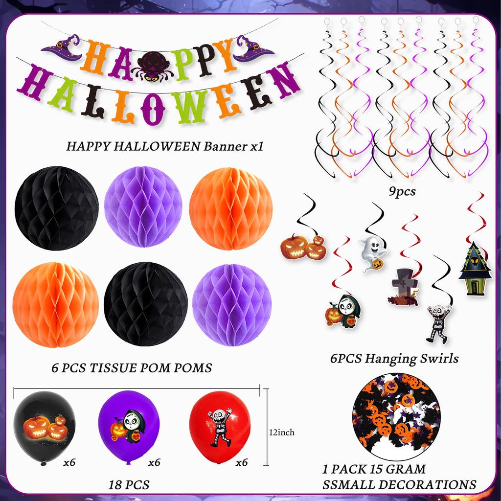 Halloween Party Decoration Set with Pumpkin and Ghost Balloons, Banners, Honeycomb Balls, and Tablecloth