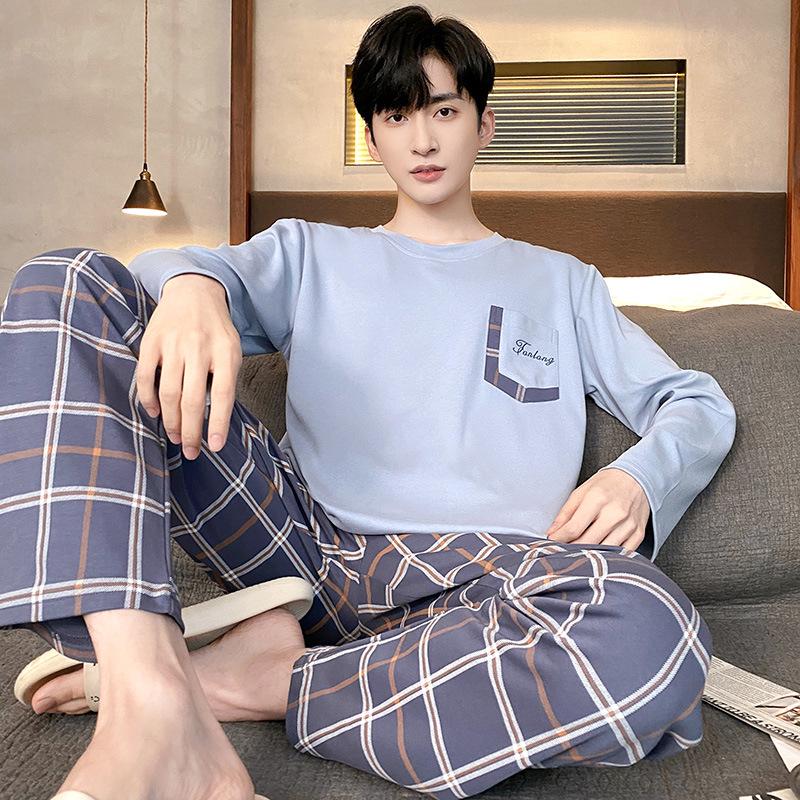 Men's Spring/Autumn Long Sleeve Cotton-Look Pajama Set - Youth Style, Casual Homewear, Plus Size.