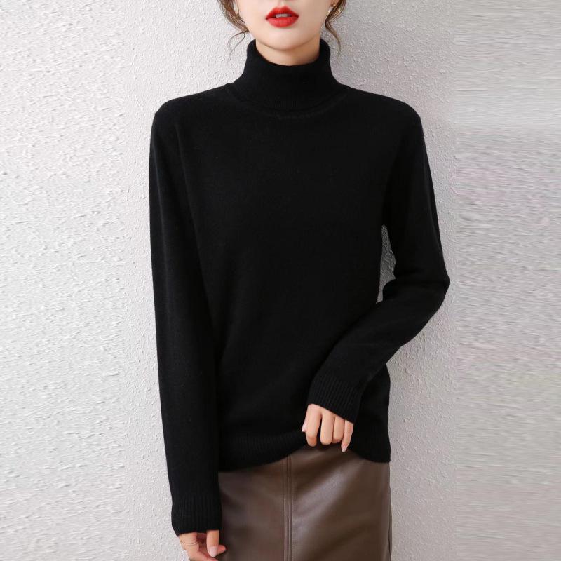 Women's Pure Wool High Neck Sweater - Loose, Slimming, Solid Color, Autumn/Winter Base Layer