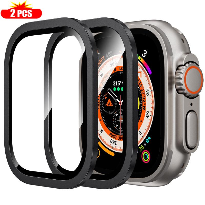2 Stück gehärtetes Glas für Apple Watch Ultra 49mm Titan Metallrahmen Kratzschutzfolie Serie Ultra 2 Displayschutz Zubehör