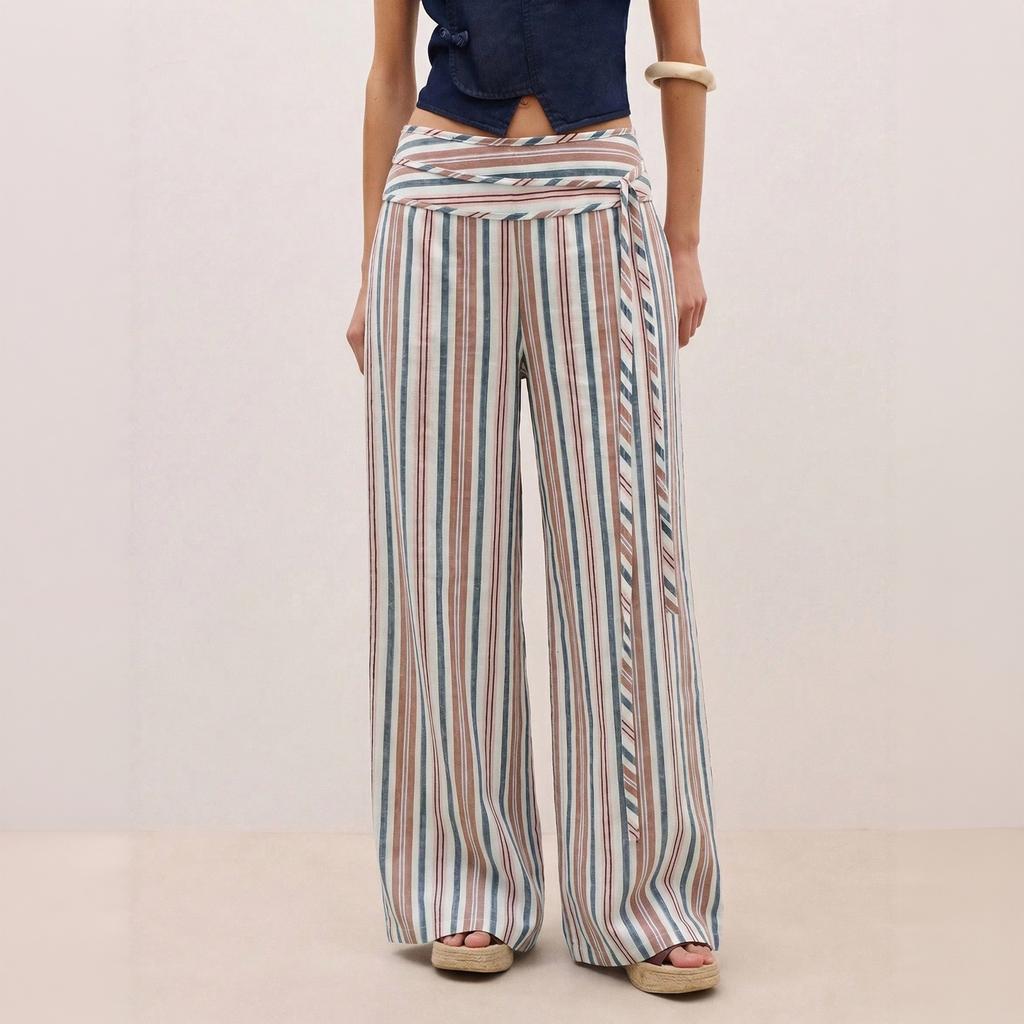 Women's High-Waisted Striped Wide Leg Pants with Tie Waist for Casual Vacation Wear