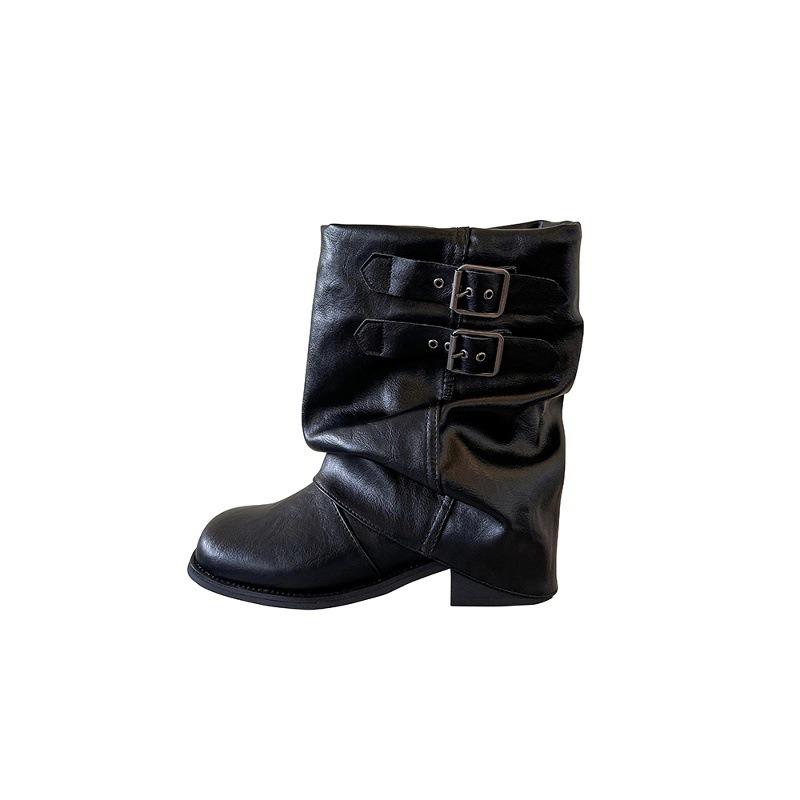 Cowhide Version~ Today's Popular Short Boots Women's Leather Black Stacking Pants Tube Boots Thick-soled Cowboy Boots