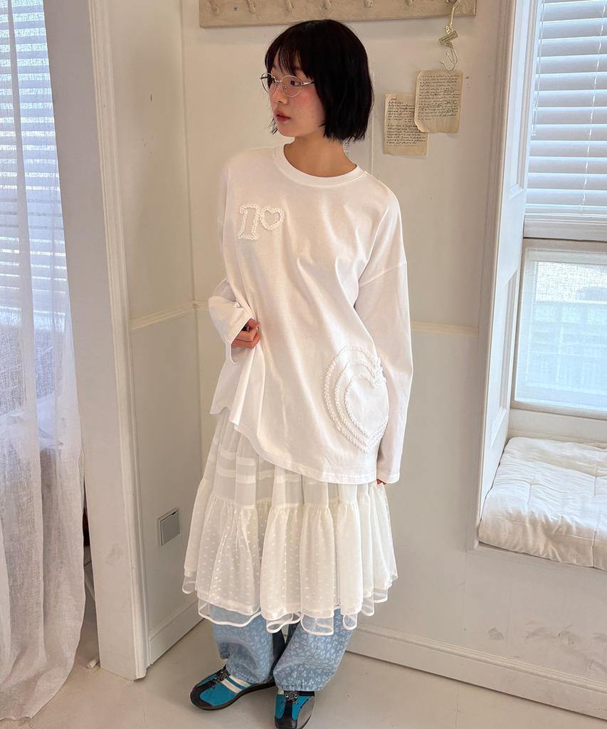 RONRON Heart Embroidered Long Sleeve T Shirt White