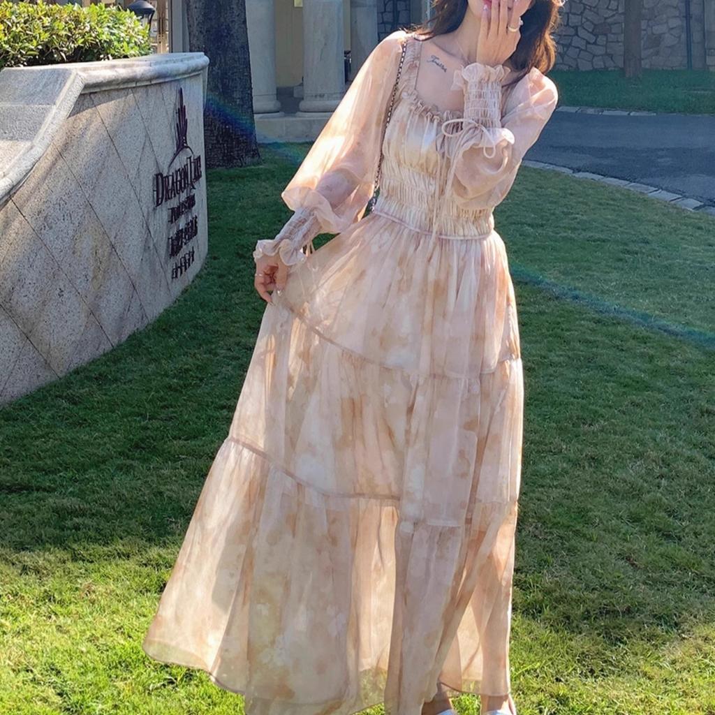 French Printed Chiffon Dress for Women's Spring and Autumn New Gentle Temperament, Thin and Beautiful, Popular Fairy Dress