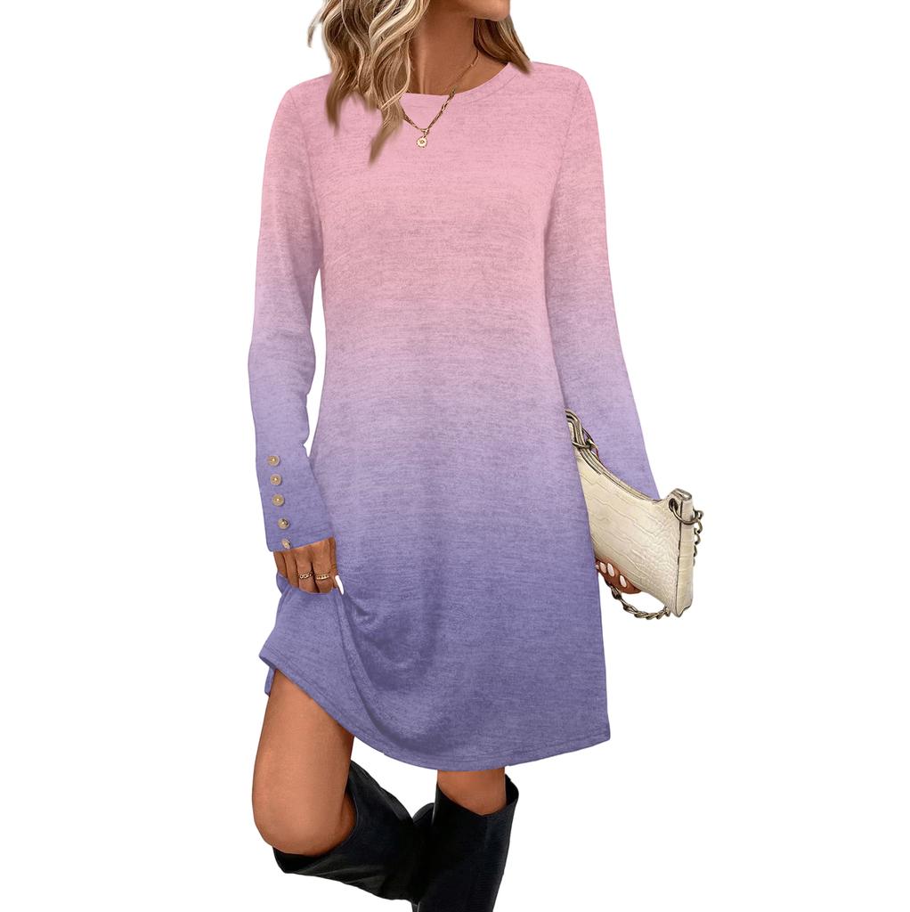 Damenmode Freizeitkleid mit Tasche, dekorativen Knöpfen, Rundhalsausschnitt und langen Ärmeln