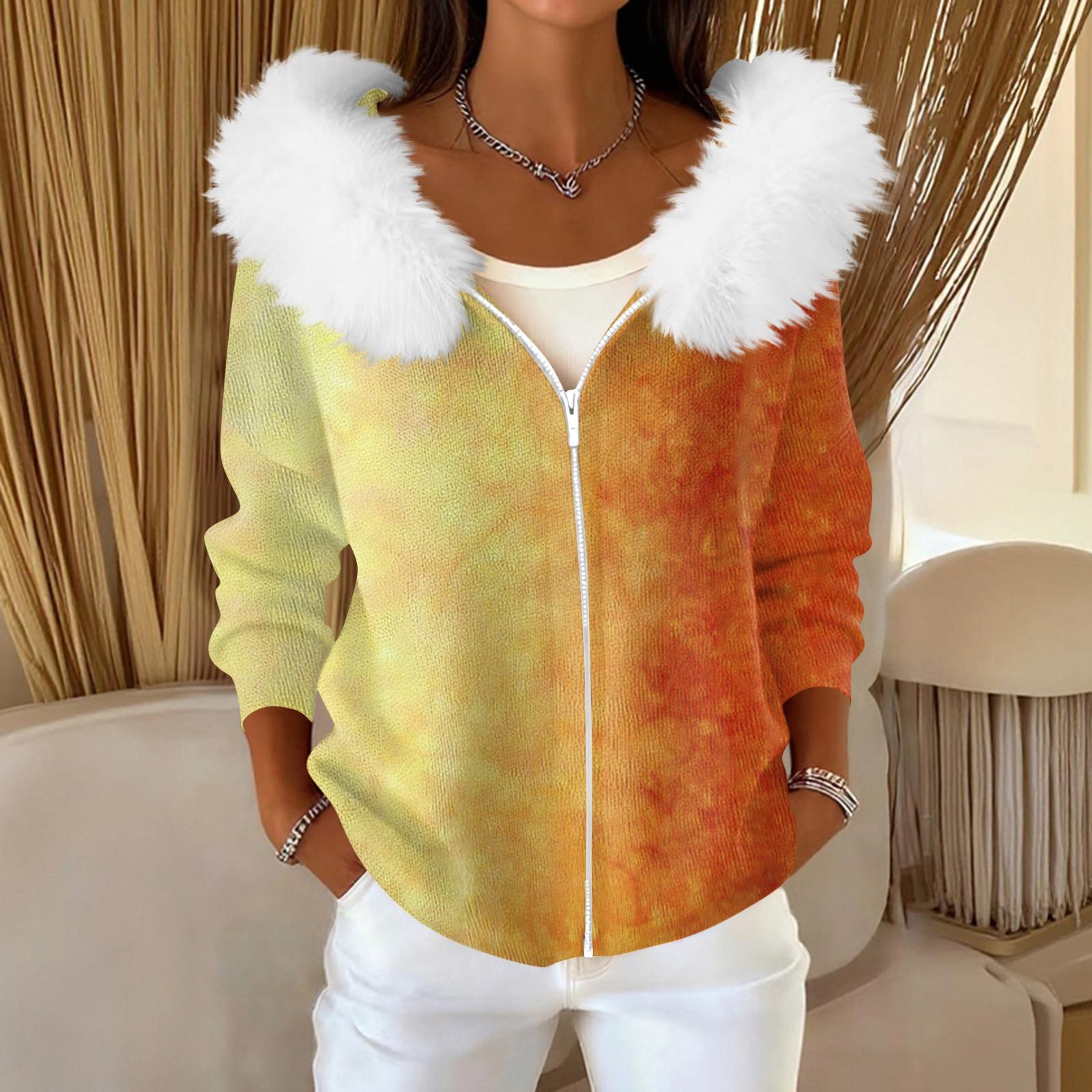 

Women s Fashion Casual Sweater Zipper Print Cardigan Plush Hooded Jacket XL