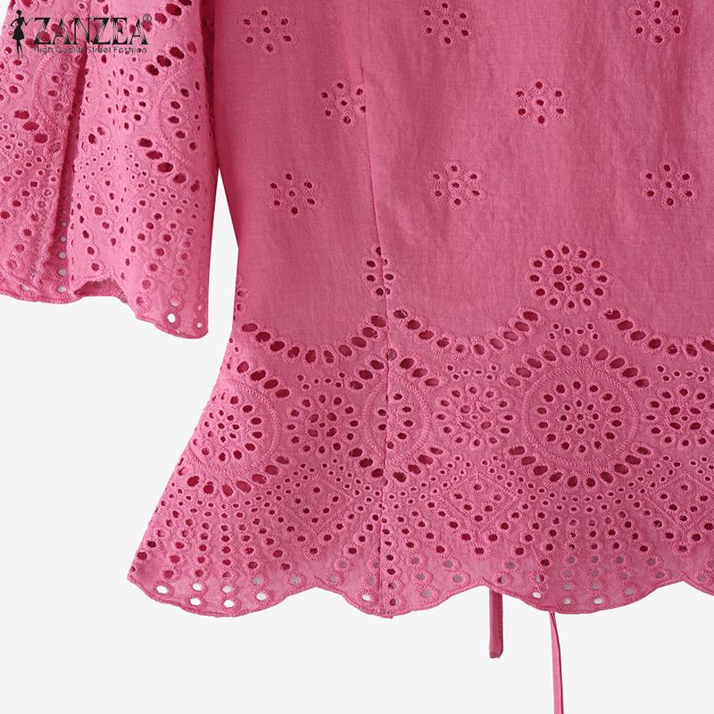 ZANZEA Women Casual V-Neck 3/4 Sleeve Loose Crochet Patchwork Blouse