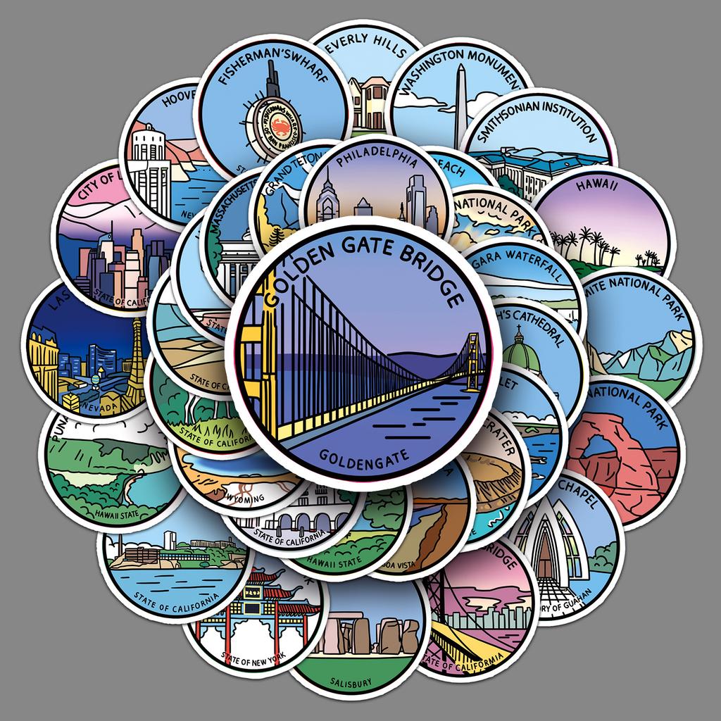 50 Landmark Buildings Personalized Graffiti Outdoor Travel Creative DIY Water Cup Suitcase Stickers