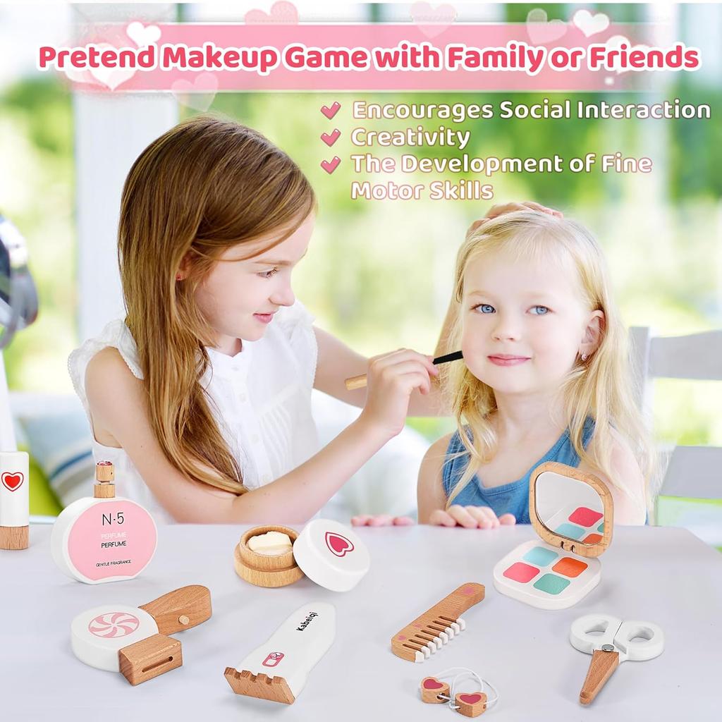 16-Piece Wooden Makeup Toy Set, Pretend PlayKit for Toddlers & Little Girls 3+, Fake Makeup&Beauty Salon Toys, Birthday Gifts