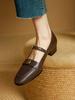 Vintage Round Head Medium Heel Single Shoes Women's Fashion One-word Buckle with Camellia Soft Sole Thick Heel Mary Jane Women's Shoes Small Leath