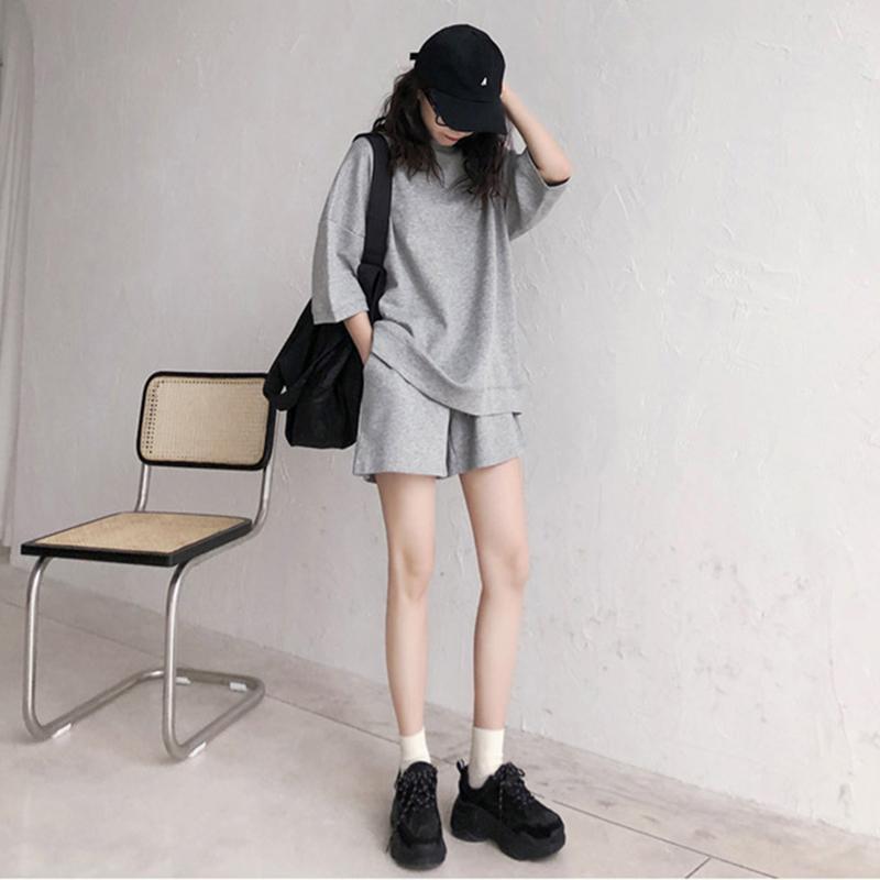 Damen Freizeit T-Shirt Bluse Top Anzugsets Einfarbig Urlaub Kurze Hose