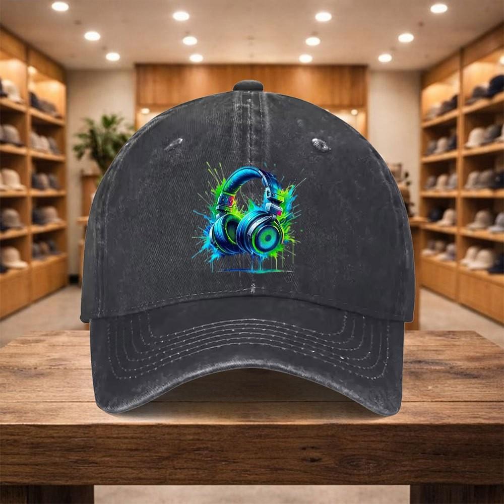 Gaming Headset Print Baseball Cap Washed Denim Adjustable Sports Hat Unisex Casual Streetwear