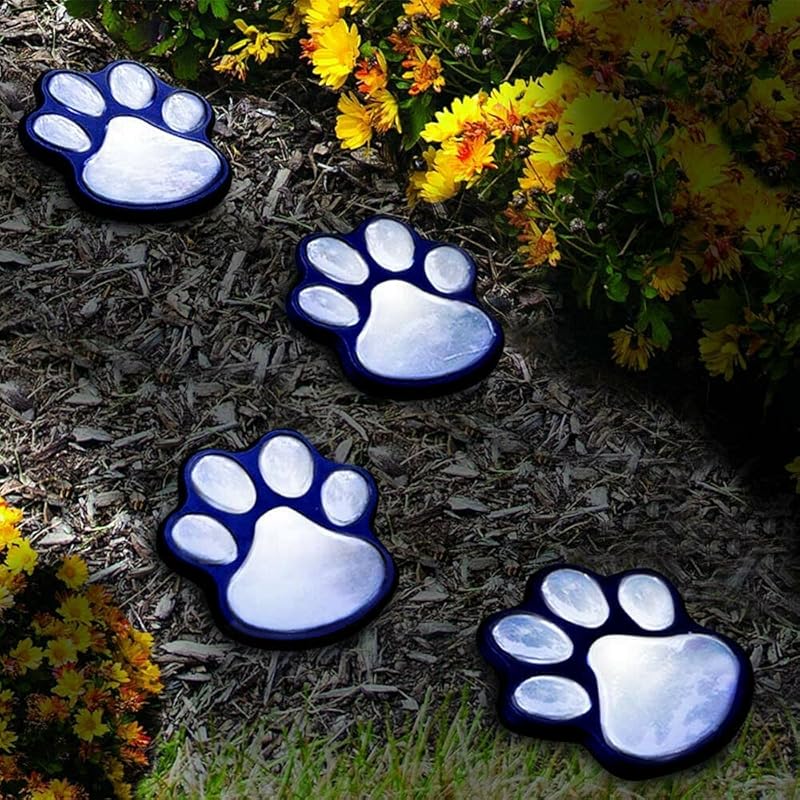 4 Solar Dog Animal Paw Print Lights Garden Statue Lantern Led Path 3  Light Lamp for Garden Patio Yard Decor Walkway Lighting (Cool White)
