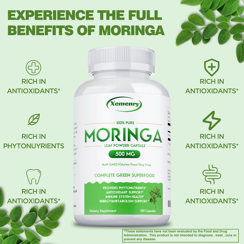 Xemenry Moringa Powder Capsules support energy, skin, and gut health. Suitable for adults, vegan.