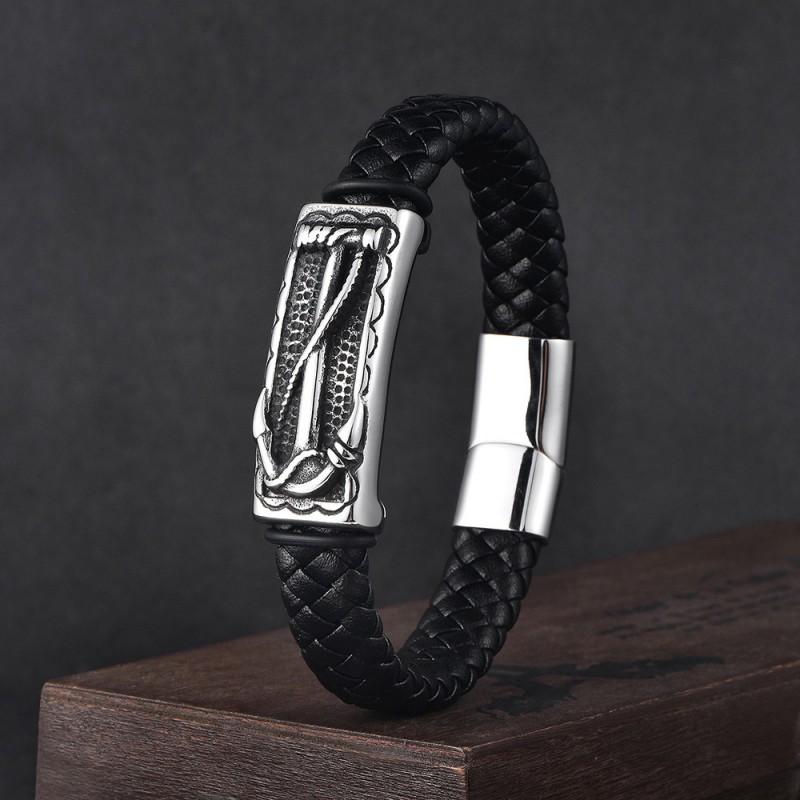 Mens Stainless Steel Braided Leather Bracelet With Magnetic Clasp Geometric Anchor Design INS Style