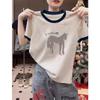 Contrasting color splicing front shoulder crew neck cotton short-sleeved T-shirt women's clothing Korean version of fashion versatile printed top