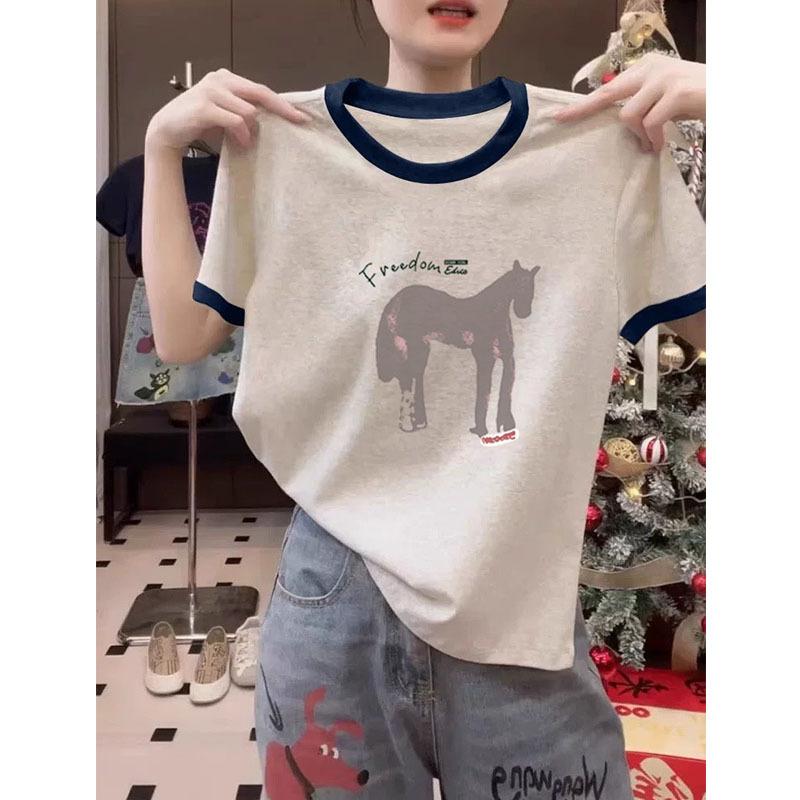 Contrasting color splicing front shoulder crew neck cotton short-sleeved T-shirt women's clothing Korean version of fashion versatile printed top