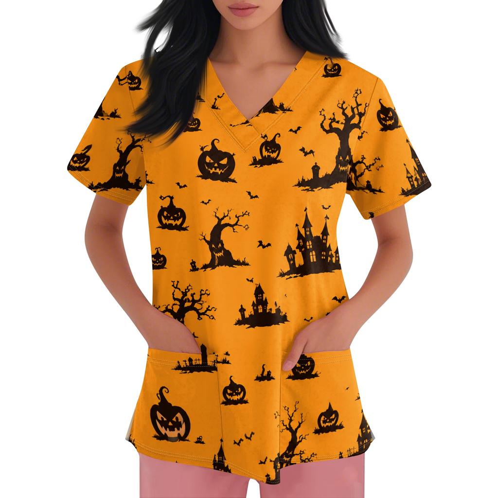Women Short Sleeve Halloween Print V Neck Pocket Medical Scrub Top Nurse Uniform Shirt Comfortable Fit Durable Fabric