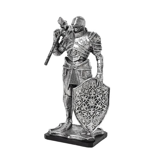 Medieval Knight Figurine, Vintage Resin Statue with Metallic Finish, Handcrafted Armor & Shield Details for Bookshelf, Office Desk Decor, Industrial