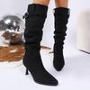Sexy Pointed Toe High Heel Black Long Boots Women 2025 Winter Solid Suede Mid Calf Boots Metal Belt Buckle Brand Designer Shoes