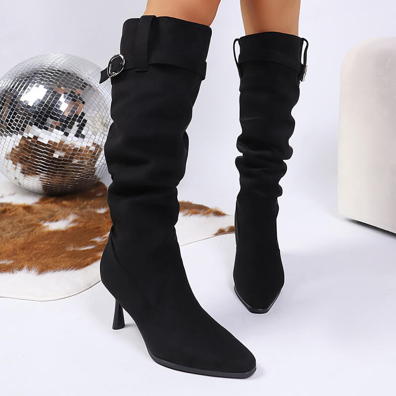 Sexy Pointed Toe High Heel Black Long Boots Women 2025 Winter Solid Suede Mid Calf Boots Metal Belt Buckle Brand Designer Shoes