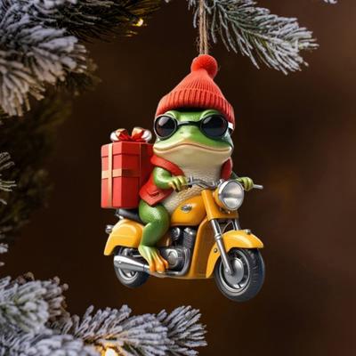 Weihnachtsfrosch-Ornament, Cartoon-Frosch mit Weihnachtsmütze, Motorrad fahrend, Acryl-Anhänger, Weihnachtsbaum-Hängedekoration für Baum, Fenster, Auto-Dekor