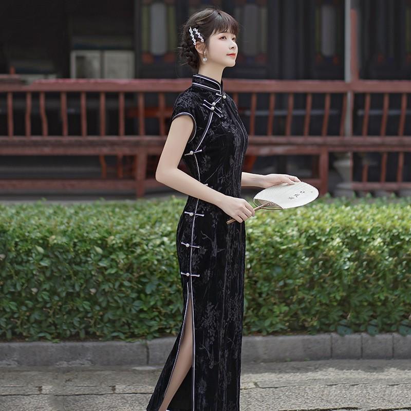 Black Velvet Floral Brocade Qipao Dress Women Vintage Chic Long Fit-and-Flare Sleeveless Style