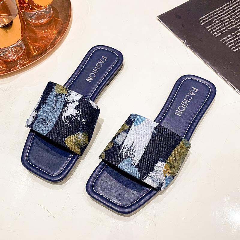 

Модные тапочки женские 2024 шлепанцы с открытым квадратным носком модные уличные пляжные повседневные сандалии корейская версия подошва мягкая обувь chanclas mujer 35 синий