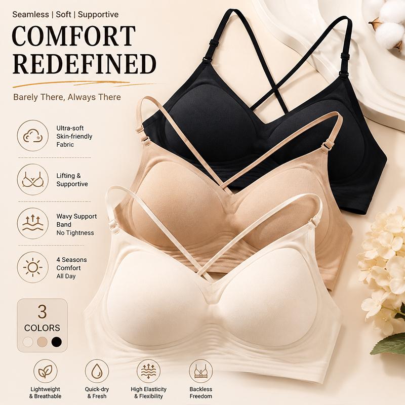 FINETOO Seamless Wave Support Band Bralette Skin Friendly Soft Breathable Push Up Bra Cross Back Invisible Daily Sleep Brassiere