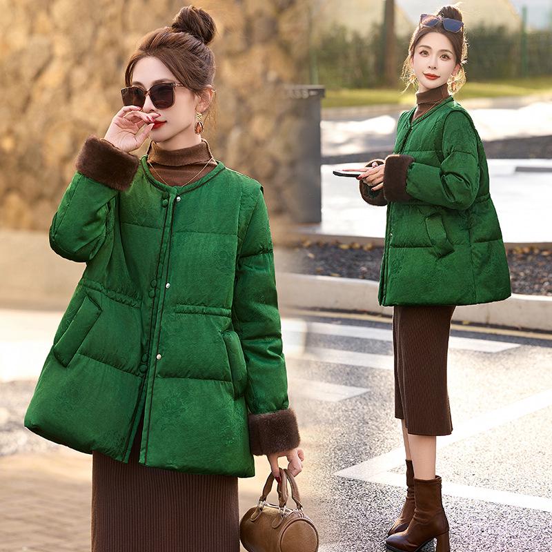 Slim-Fit Jacquard Down Jacket 2024 Winter Mid-Length Drawstring White Duck Down Fashion Outerwear