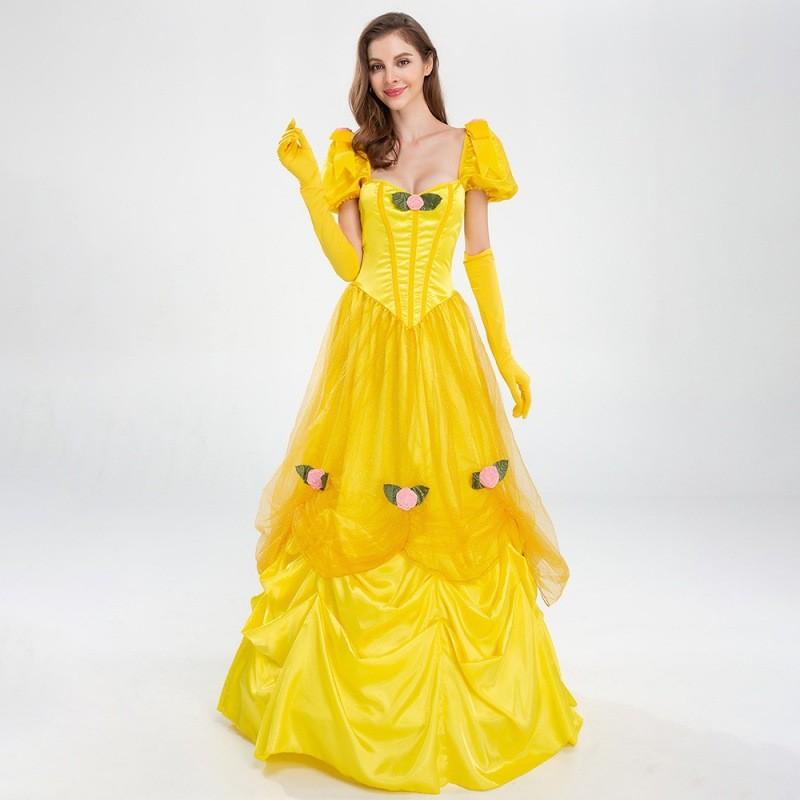 Elegant Yellow Princess Dress For Halloween Costume Featuring Belle Fairy Tale Design