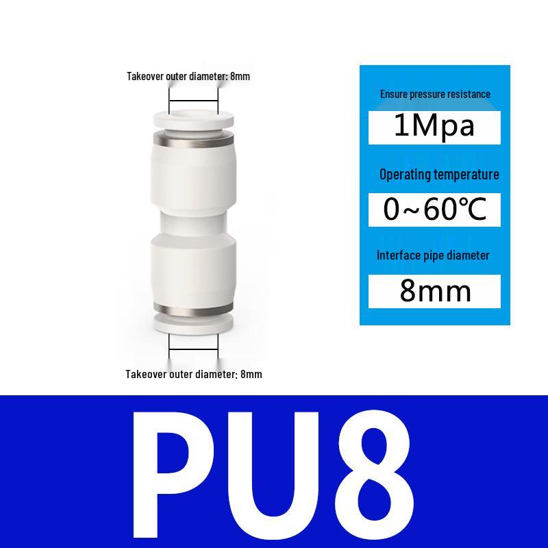 Pneumatic Nylon Air Hose Quick Connect Fittings: PU Straight, PY 5-Way, Cross 4-Way, PZA 3-Way, PE Connector with White/Blue Cap
