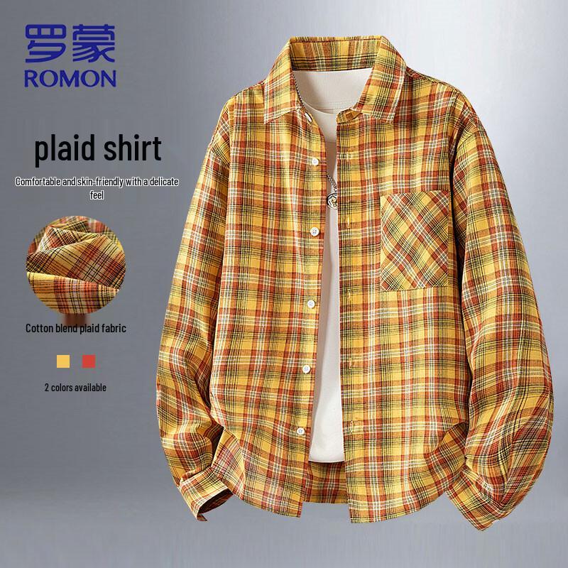 Romon Men s Plaid Long-Sleeve Shirt M