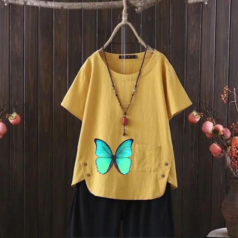 Animal Butterfly Print V-neck Cotton Hemp T-shirt for Women - 2025 Summer Casual