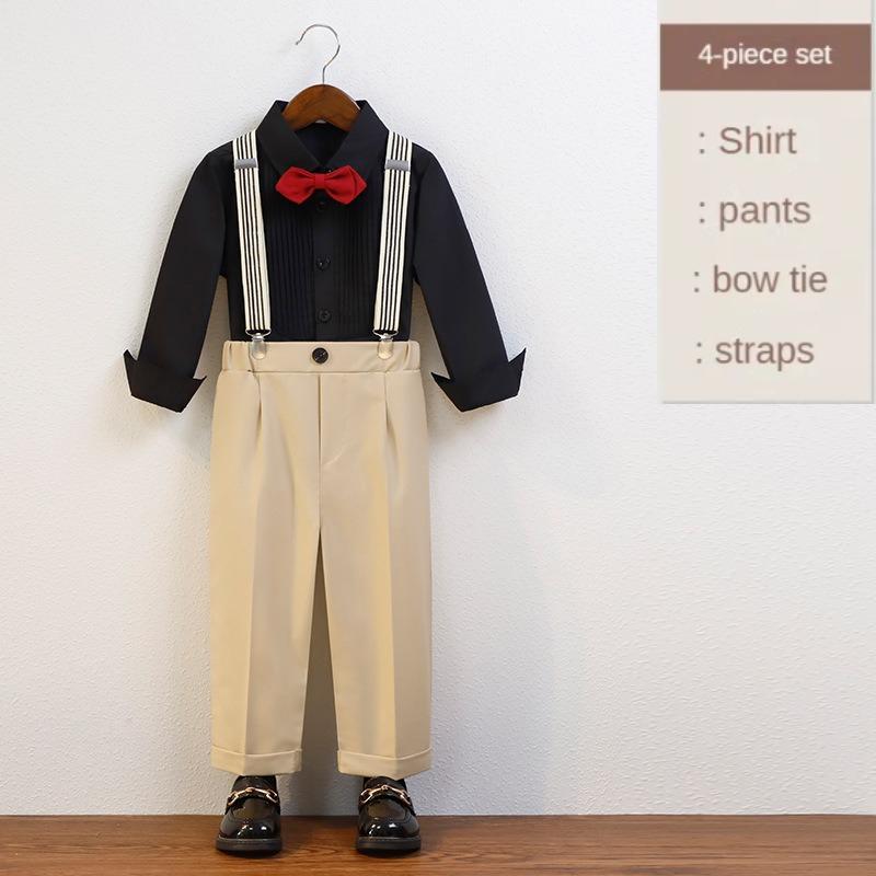 School Boys Suspender Trousers Formal Suit Shirt Bow Tie Kids Wedding Ring Bearer Piano Recital Birthday Photoshoot Gentleman Outfit for Boys 3-12Y