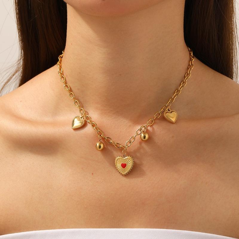 Gold Plated Chunky Rolo Chain Multi Heart Pendant Necklace