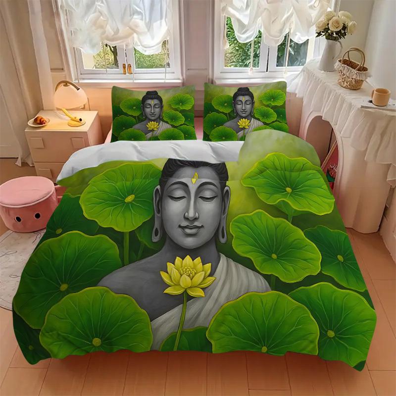 3pcs bedding set Buddha Lotus Includes 1 Comforter + 2 Pillowcases, Without Pillow Inserts, Soft Comfortable, Lightweight Breathable, Printe