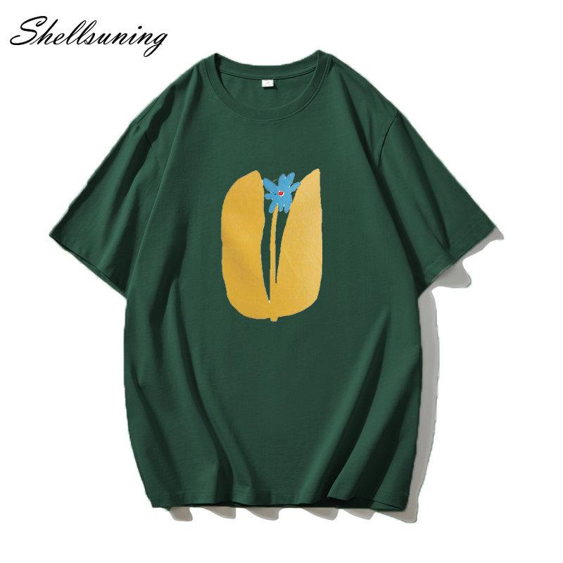 Shellsuning Summer Aesthetic Floral T Shirts Women Loose Short Sleeve Cotton Printed Tees Female Casual O Neck Vintage Base Tops