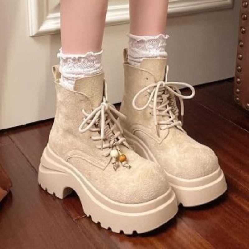 Autumn New Frosted Leather Martin Boots Women's Shoes Platform Muffin Round Head Lace-up Casual Locomotive Boots Short Boots Women