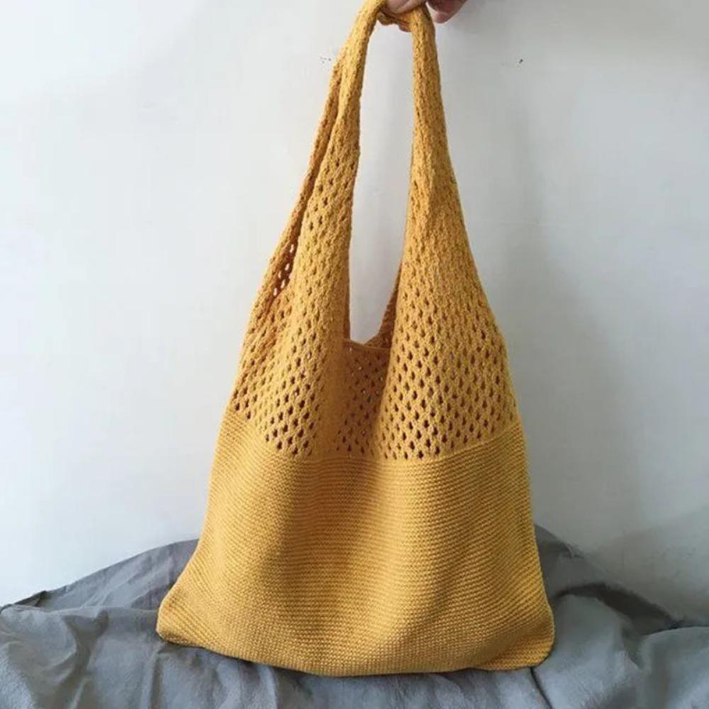 Minimalist Retro Hollow Knitting Bag For Women, Woven Yarn Shoulder Tote Bag, Large Capacity Breathable Shopping Handbag For Daily Outdoor Use