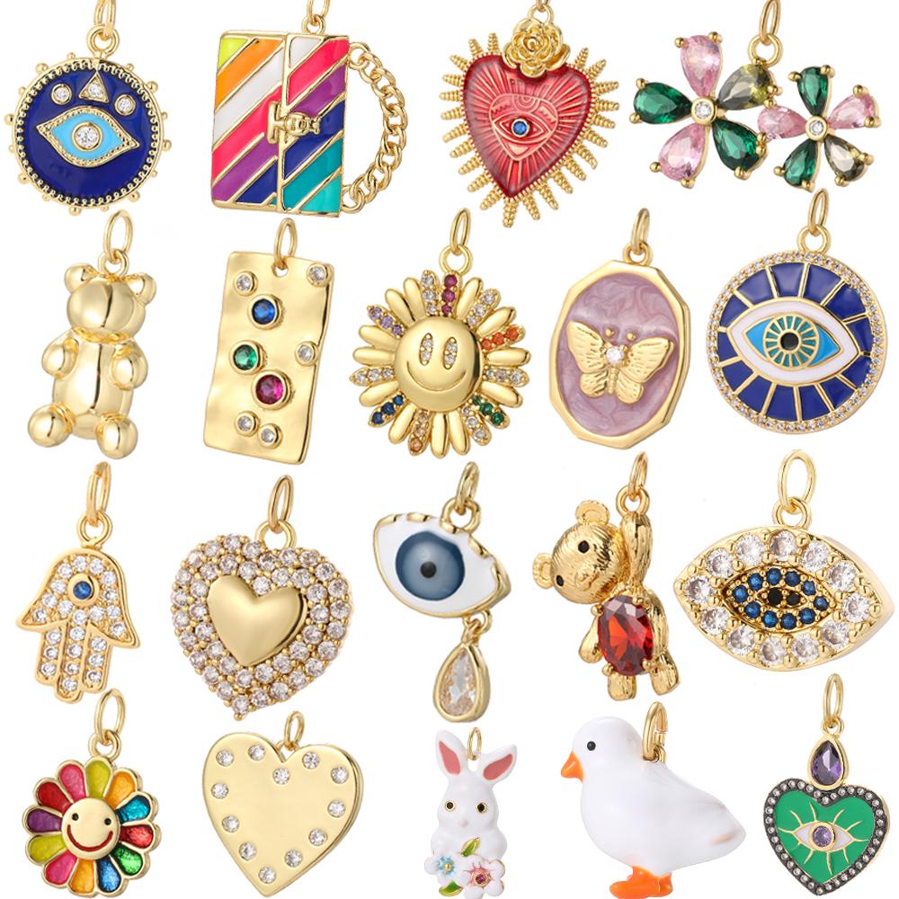 Evil Blue Eye Flower Heart Charms for Jewelry Making Cute Bird Butterfly Bear Gold Color Dijes Diy Earrings Necklace Bracelet