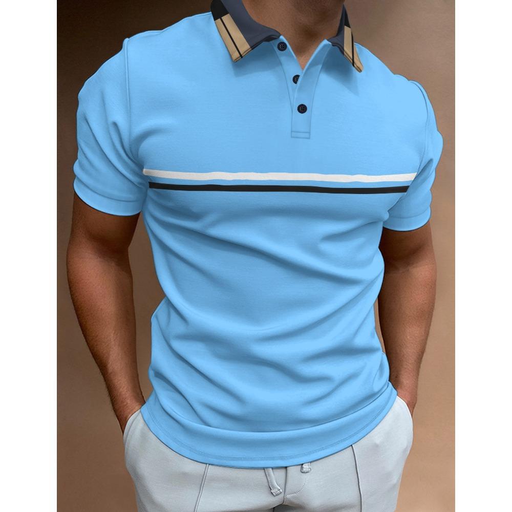 Men s polo shirt with buttoned placket and striped design, featuring a ribbed collar S небесно-голубой