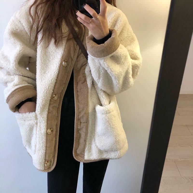 Korean Style Lamb Wool Corduroy Patchwork Coat - Women's Round Neck Loose Fit for Autumn and Winter